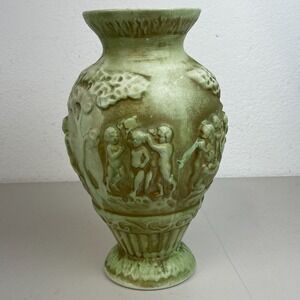 Vintage Portuguese Majolica Pottery Vase Green Cherubs Forest Matte Glaze 11.5x5